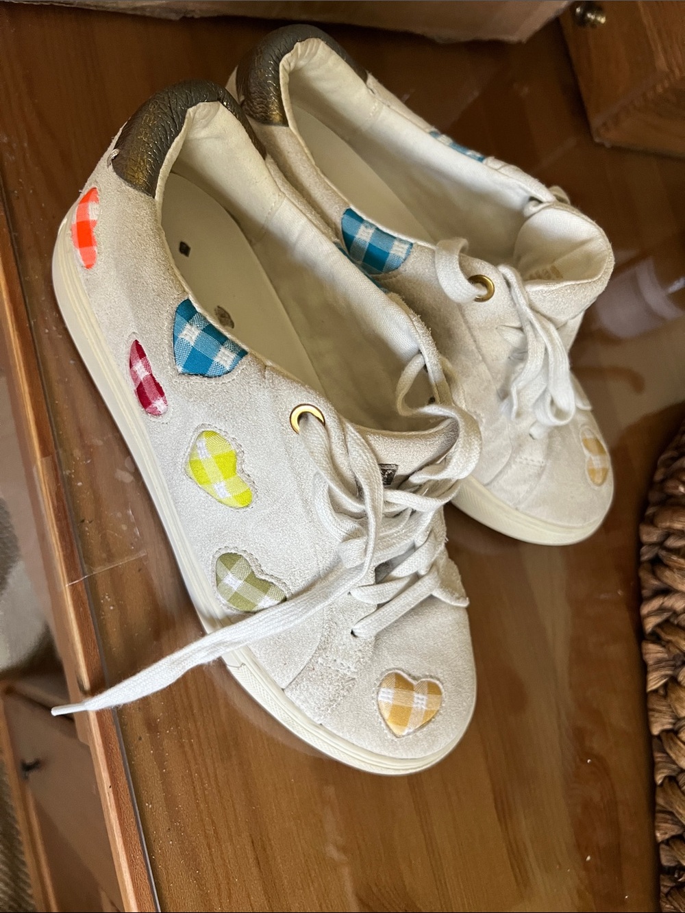 Kurt Geiger Cream Suede Sneakers with Multicolor Plaid Heart Details